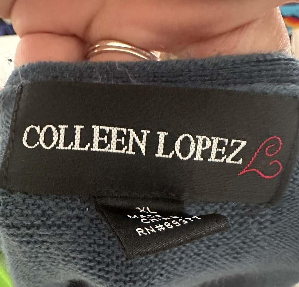 Colleen Lopez Blue Open Front Fringe Trim Knit Cardigan Sweater Size XL